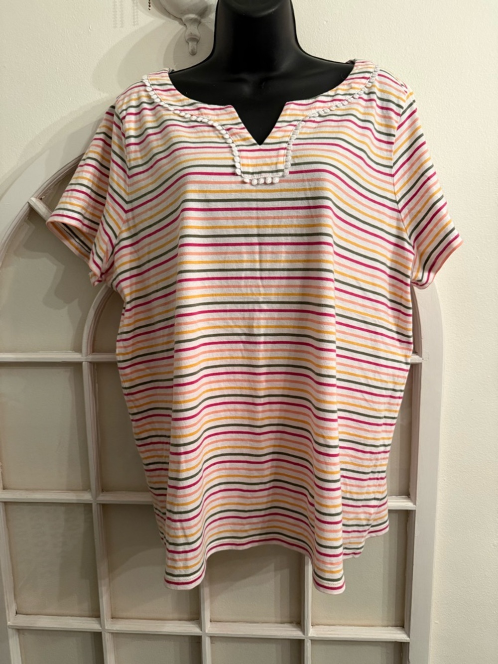 Talbots Plus size Striped blouse Trim V-Neck Grannycore boho chic Cotton Tee